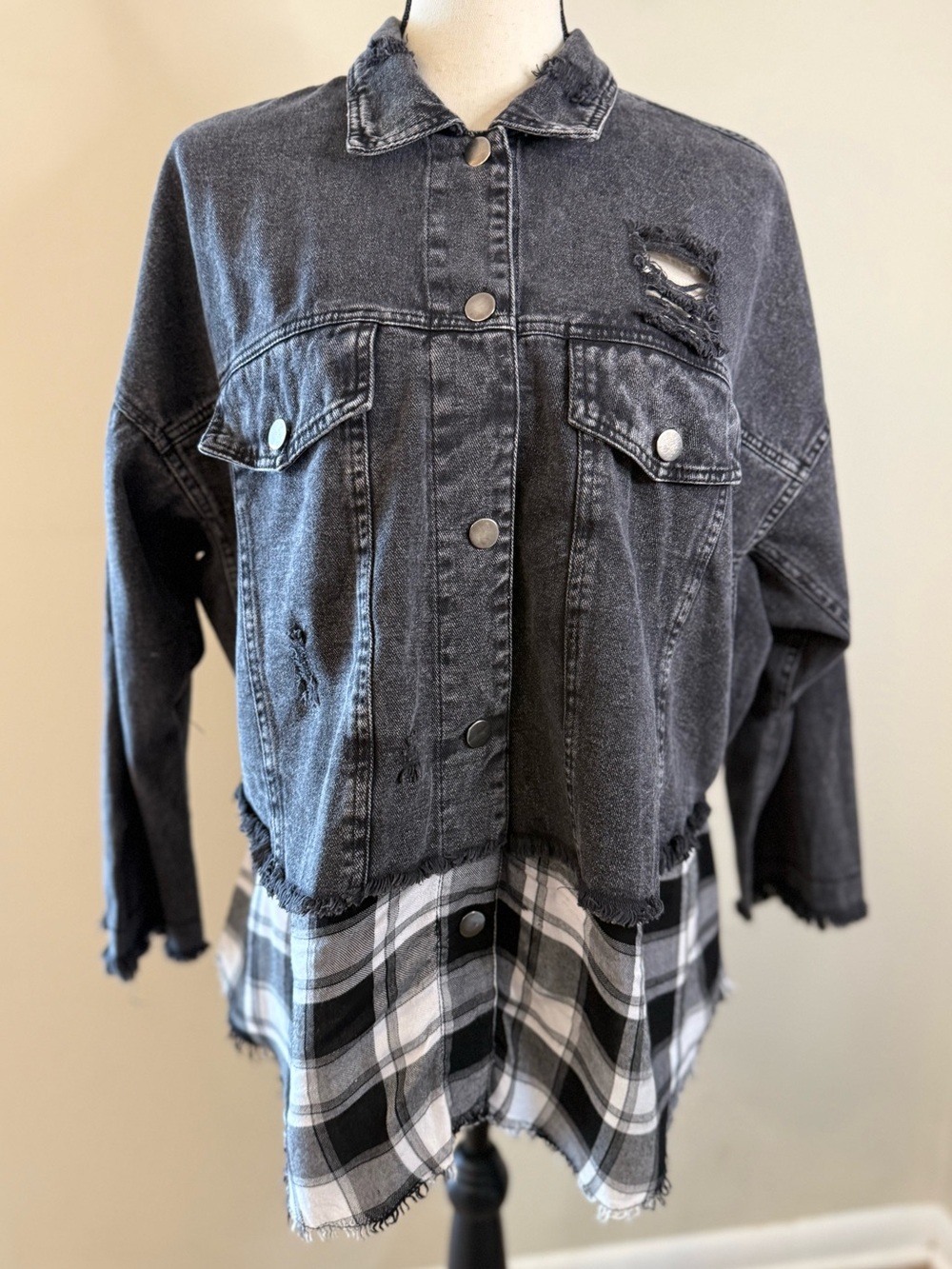 Hayden Los Angeles shirt jacket denim flannel mixed media fringe SZ M/L